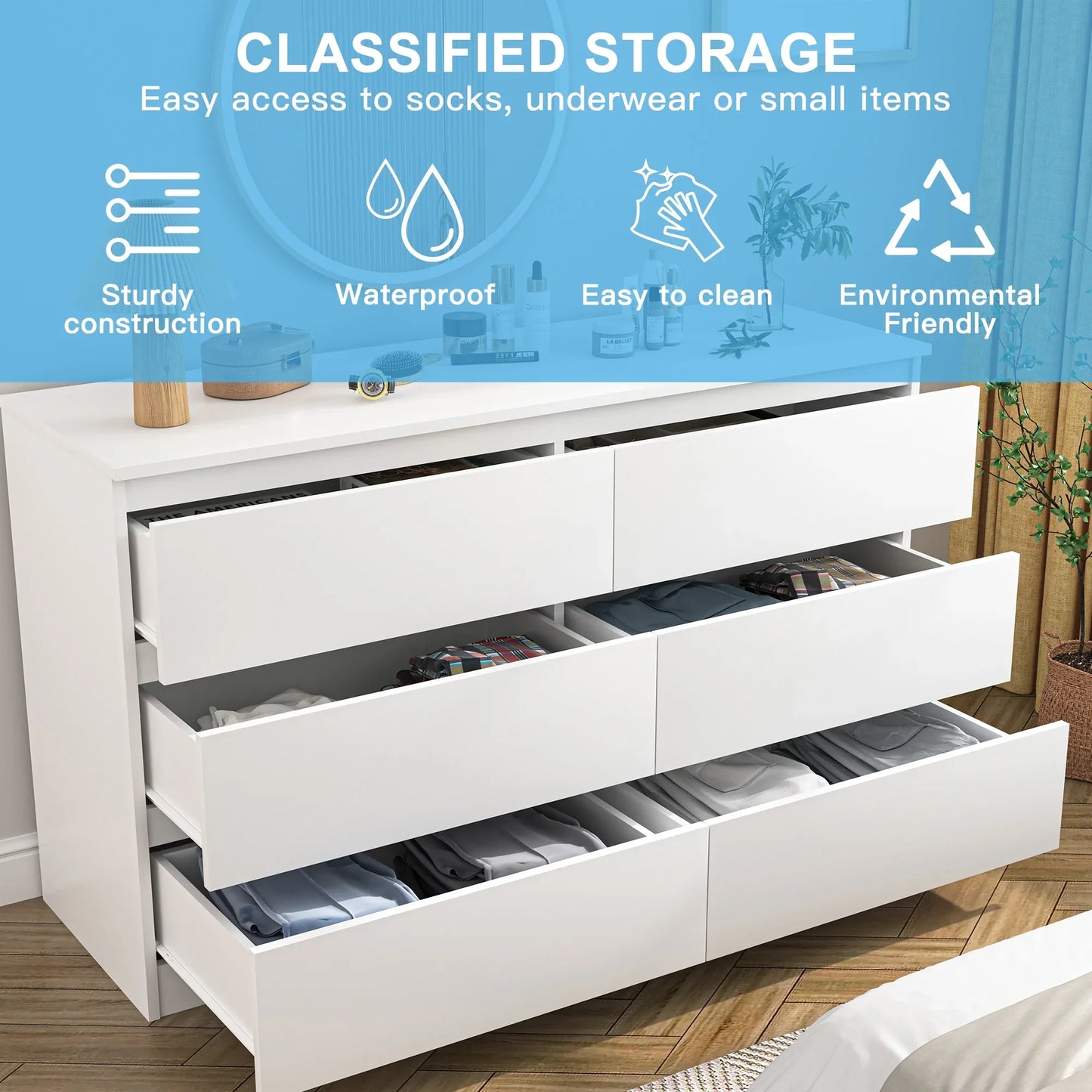 Kadyn White Chest of Drawer, 6 Double Drawer Dresser for Bedroom, Modern Storage Cabinet for Living Room, Nursery Dresser