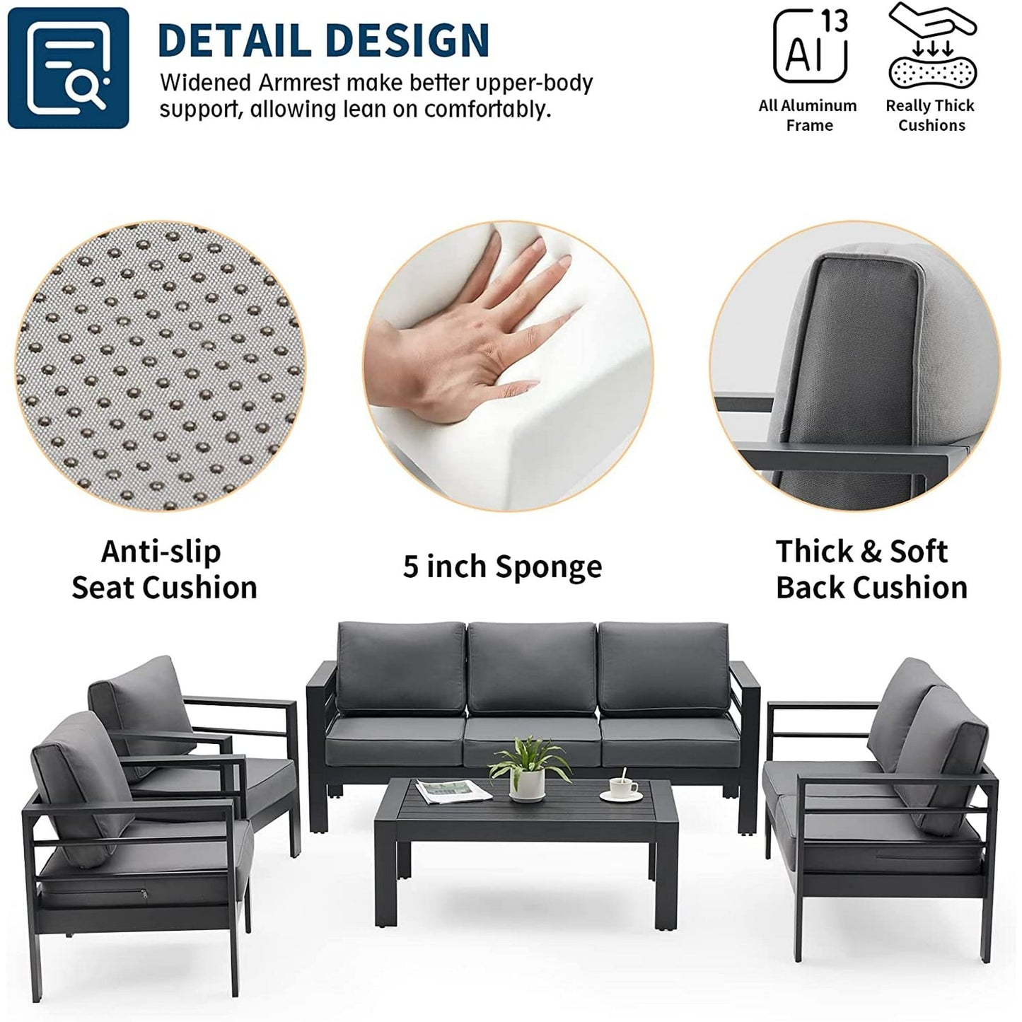 Poteban Aluminum Patio Furniture Set, Modern Metal Outdoor Patio Furniture, 8 Pieces Patio Conversation Sets with Side Table for Poolside, Deck, Gray