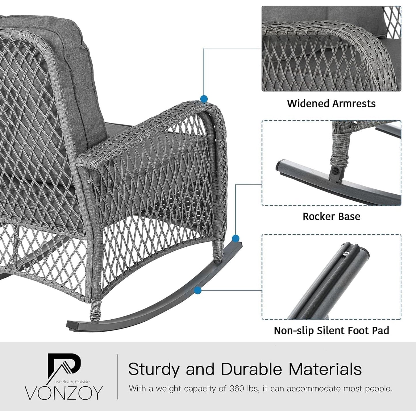 Poteban 3-Piece Outdoor Rocking Chairs, Wicker Patio Furniture with Thickened Cushions and Table for Porch(Light Gray)