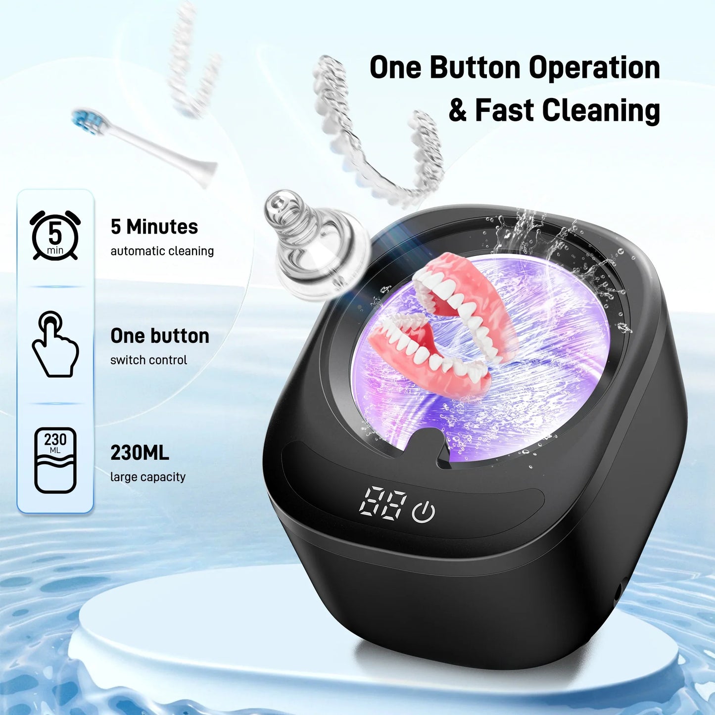 RACCOMB Ultrasonic Retainer Cleaner, 42kHz 230mL Sonic Cleaning Machine for Dentures, Aligner, Mouth Guard, Jewelry