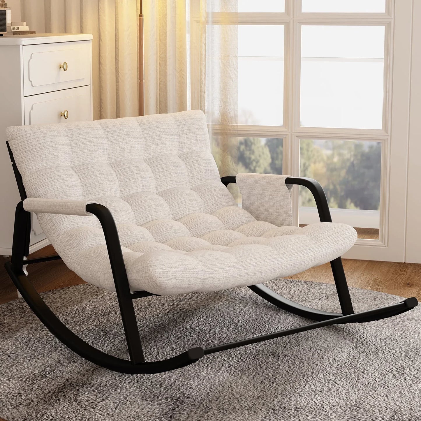 HomeZeer Grand Patio Rocking Chair with Cushion, Grand Papasan Chair Outdoor and Indoor, Oversize Papasan Rocking Chair for Living Room, Porch, Backyard, Beige