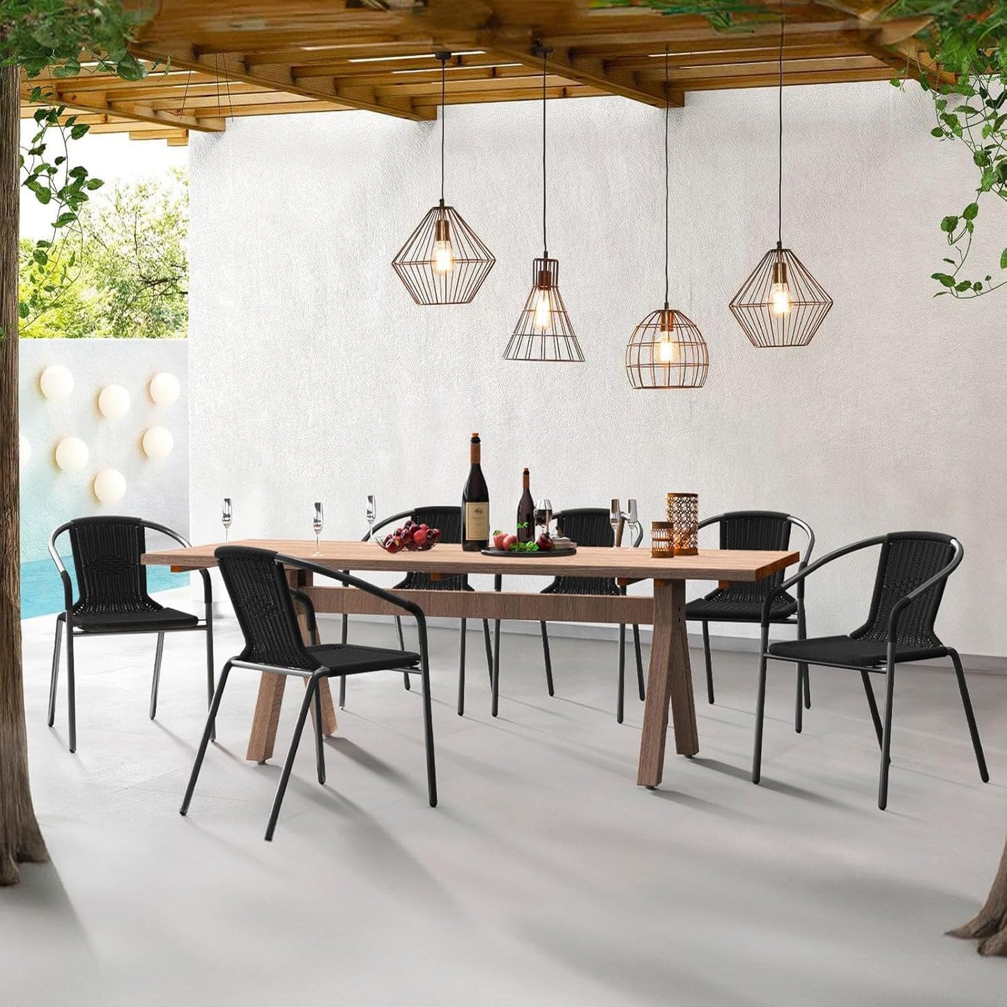 ELPOSUN Outdoor Dining Chairs Set of 4, Wicker Patio Chairs with Metal Frame, Rattan Indoor-Outdoor Chairs for Bistro, Deck, Backyard, Porch, Restaurant Stack Chair 4 Pack (Black)