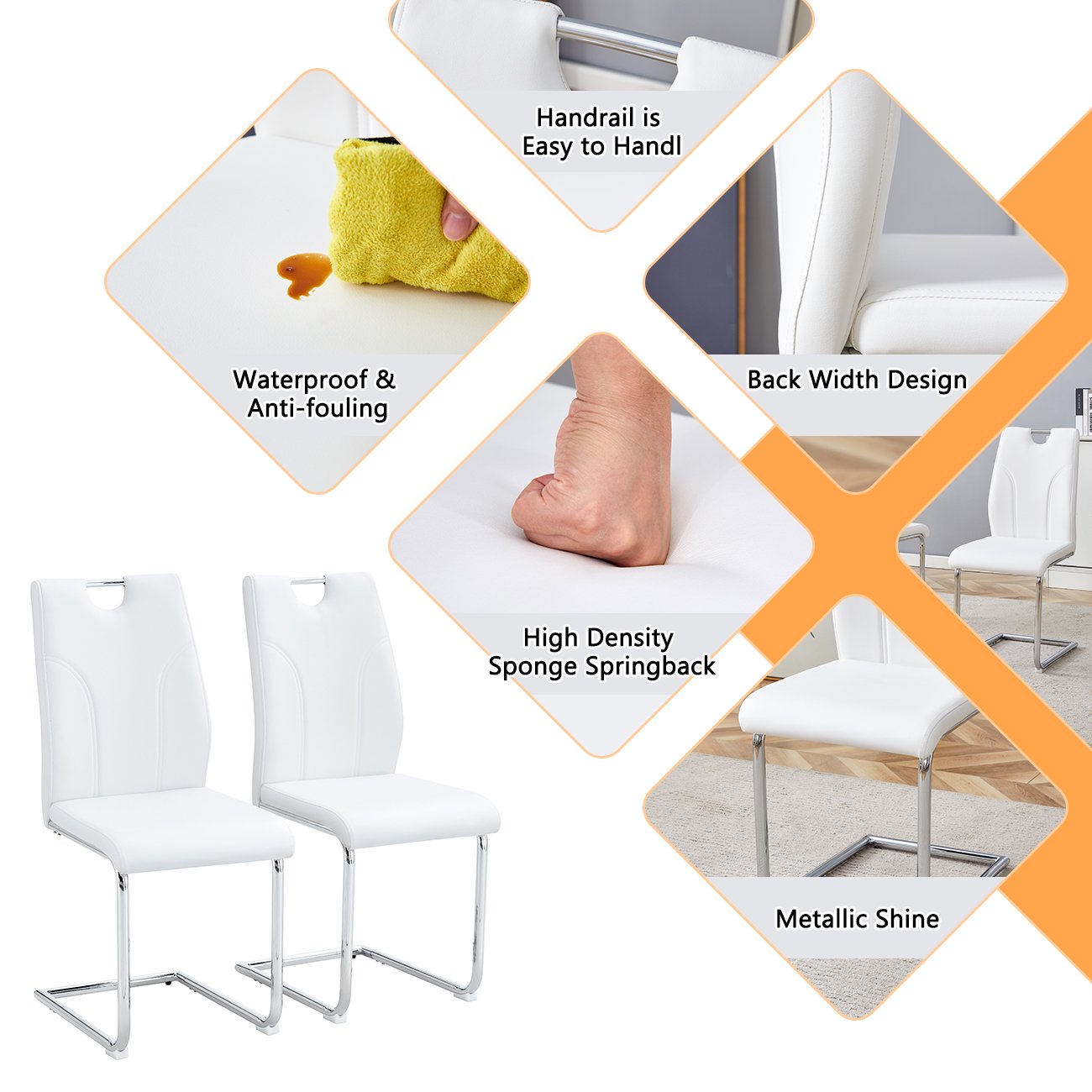 Sumdeal Modern White Pu Leather Dining Chair Set with Silver C-shaped Metal Legs,Set of 2