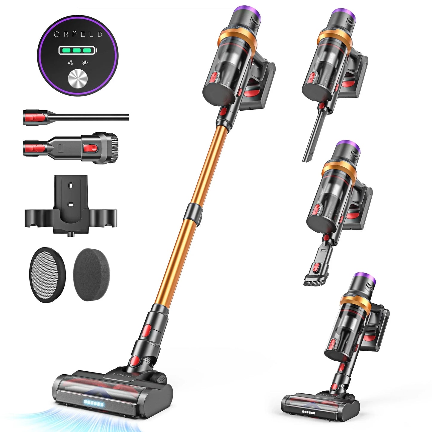 ORFELD Cordless Vacuum Cleaner, 45mins 300W 25kap Rechargeable Stick Vacuum for Carpet Hardwood Floor Pet Hair,Gold,SV30