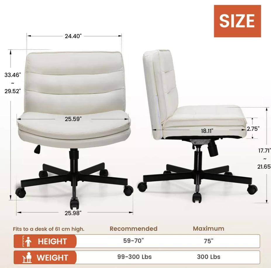 COMHOMA Armless Criss Cross Office Chair with Wheels, Adjustable Swivel Desk Chairs