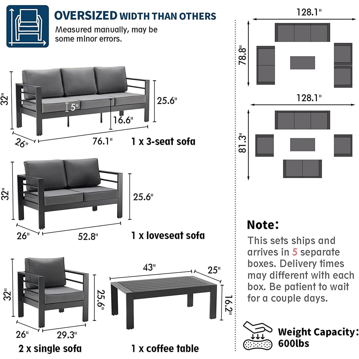 Poteban Aluminum Patio Furniture Set, Modern Metal Outdoor Patio Furniture, 8 Pieces Patio Conversation Sets with Side Table for Poolside, Deck, Gray