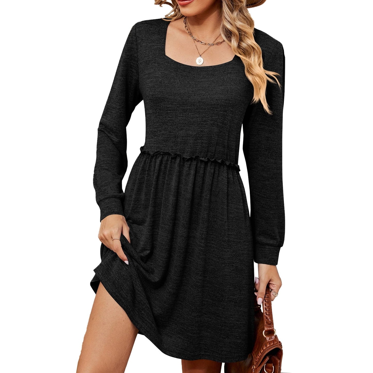 SHIBEVER Womens dress Square Neck shirt dress Long Sleeve Casual Puff Sleeves fall Frock Babydoll Skirt Solid Color Skirts Casual clothes