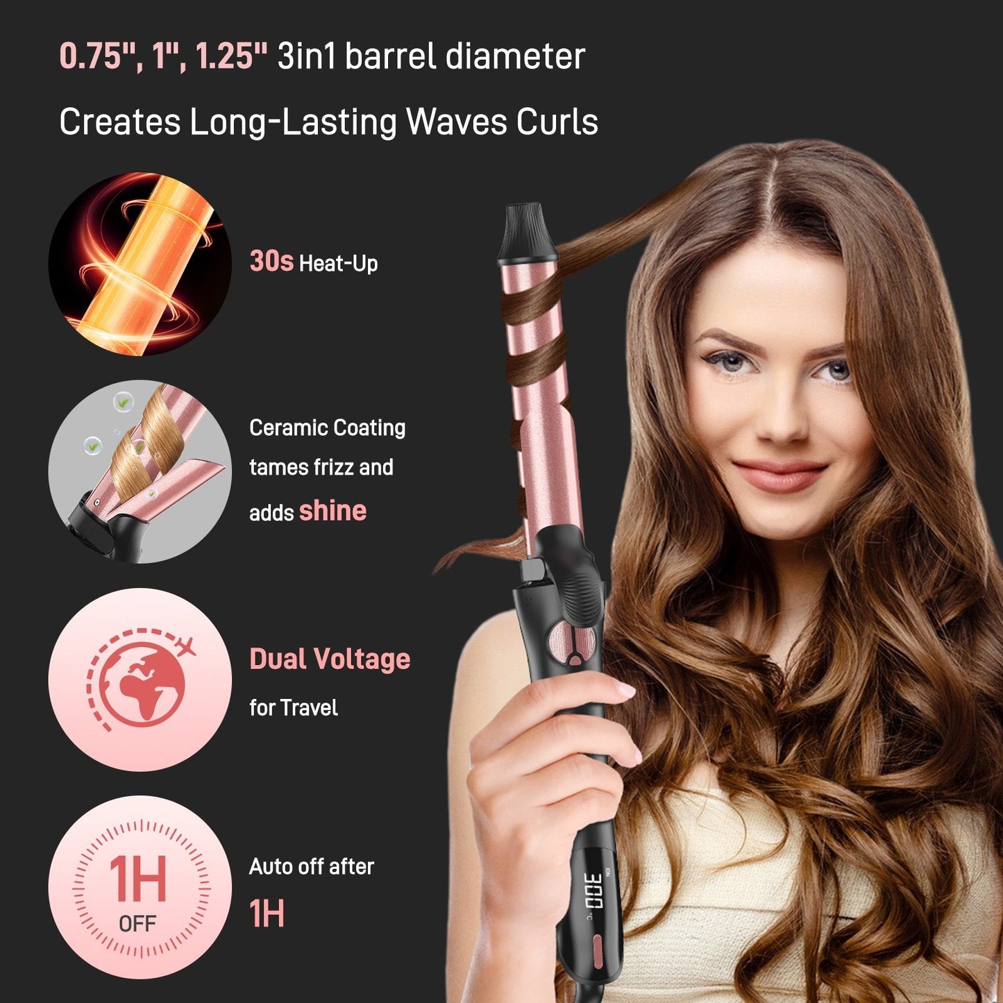 RACCOMB 0.75" 1" 1.25" Rotating Curling Iron, Professional Ceramic Automatic Curling Iron for Hair, 300 to 450, 100-240V, for Waves, Beach Curls
