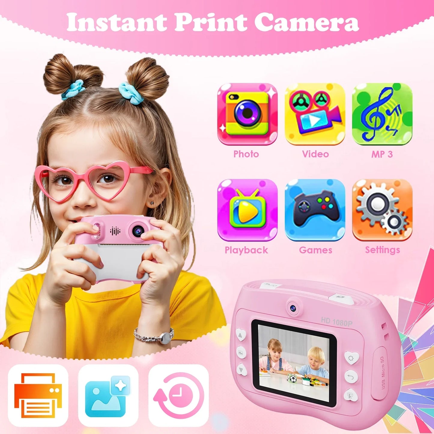 TOPVISION Kids Camera with Instant Printing, 1080P HD Digital Cameras with 32GB Storage Card 4 Paper Rolls, Gift for Boys Girls Ages 4 12 Pink