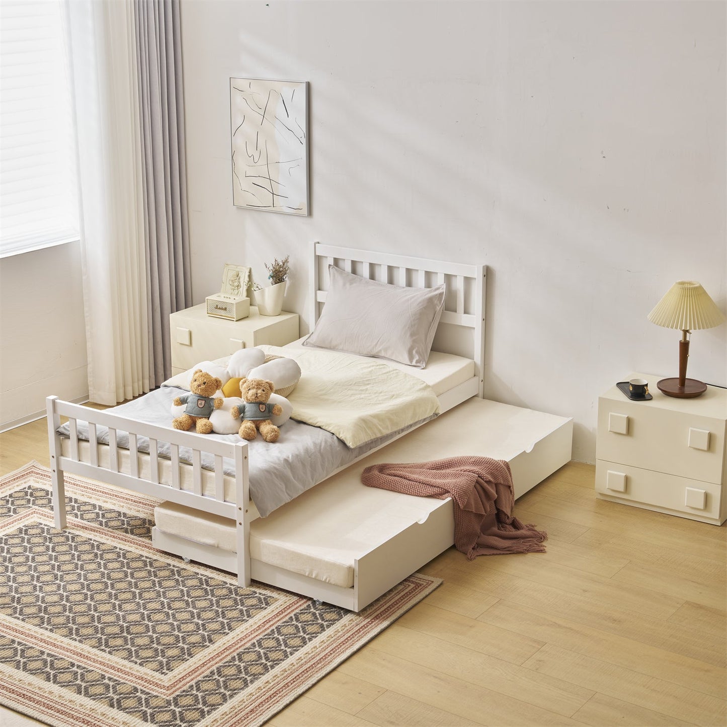 Zimtown Twin Bed with Trundle, Solid Wood Bed Frames with Headboard and Wooden Slats Support, Twin Trundle Bed Frame Roll Out, White