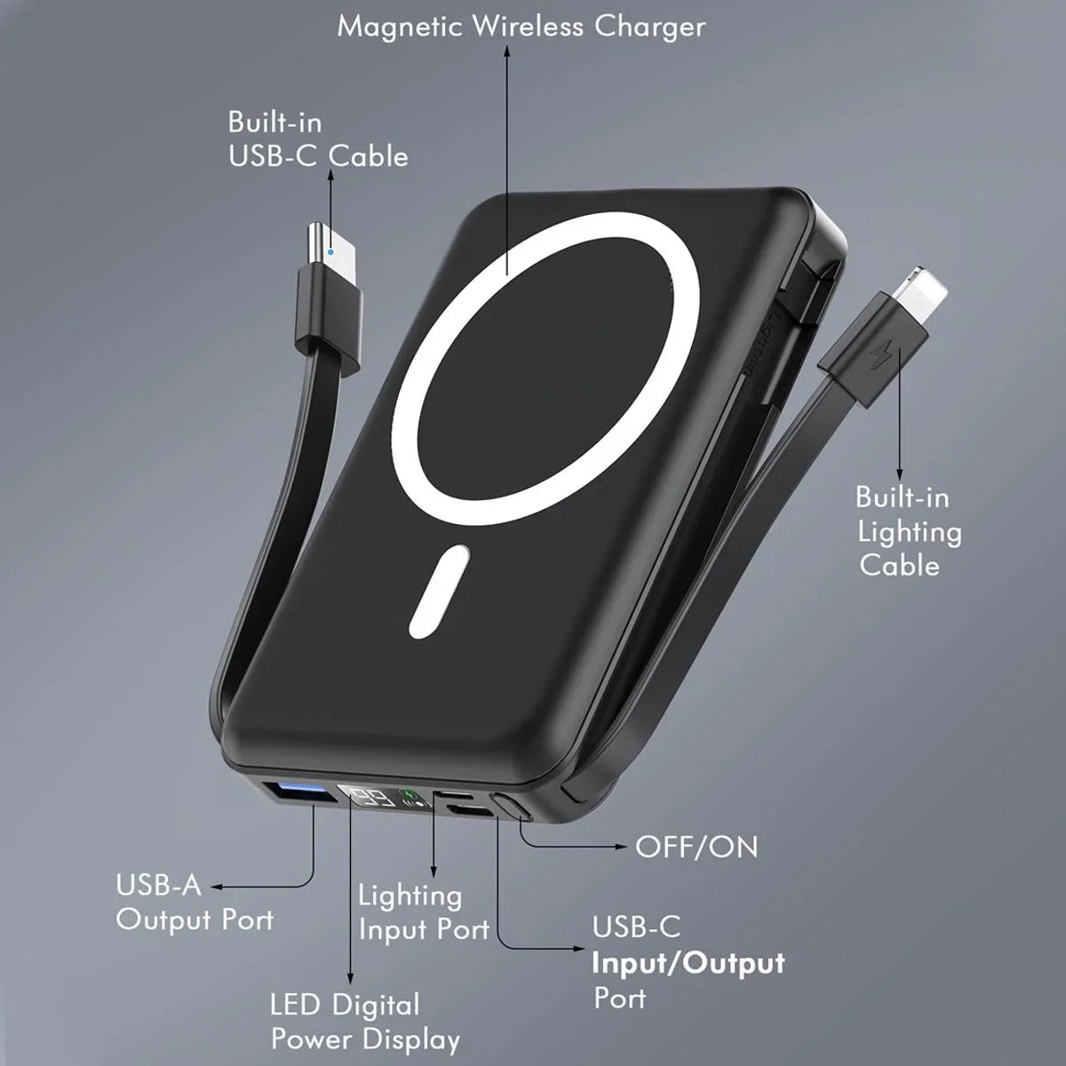 Podoru Wireless Portable Charger, 10000mAh Magnetic Power Bank Built-in USB C Lighting Cables 22.5W PD Fast Charging LED Display Battery Pack for for iPhone 16 15 14 13 12 Black
