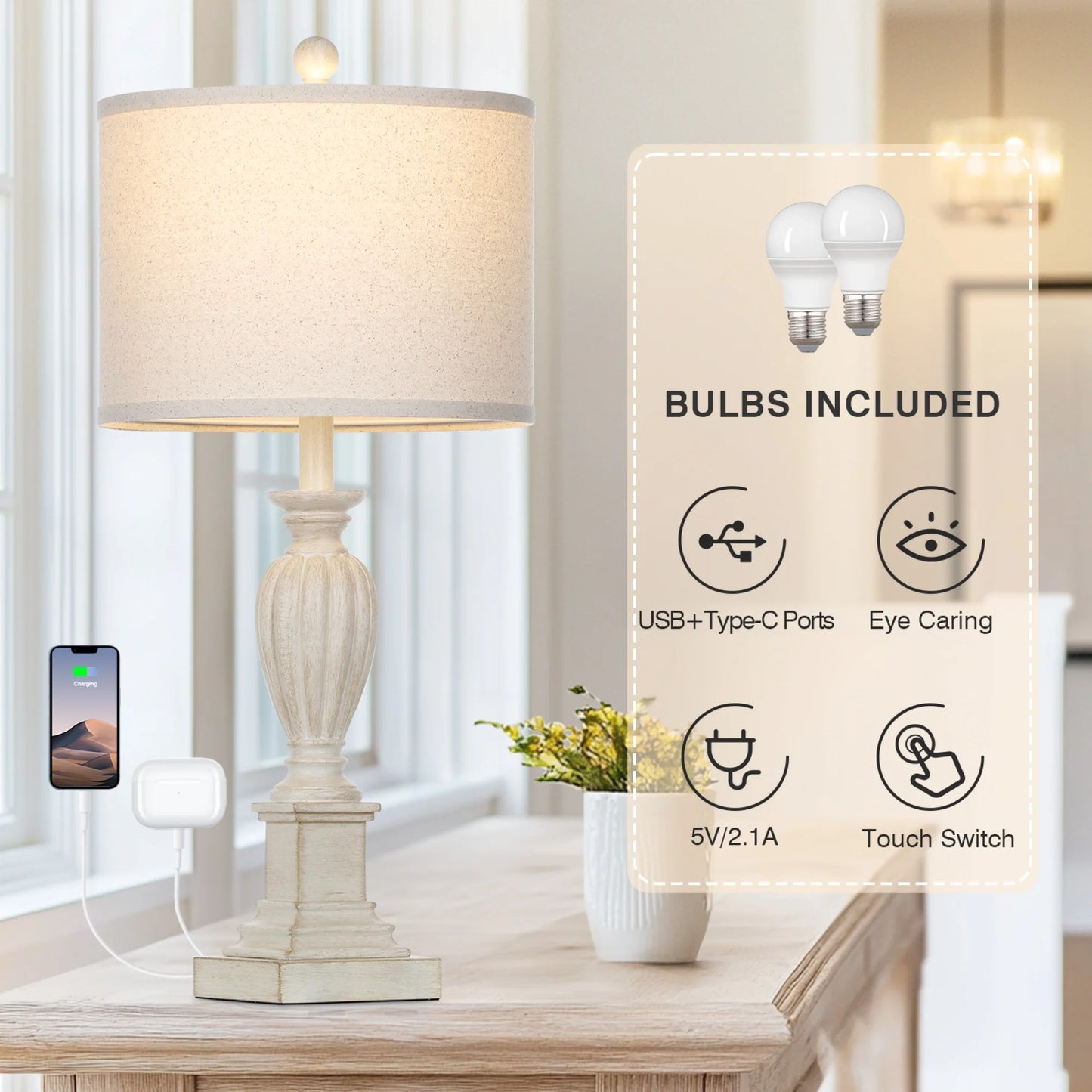 Cinkeda 3 Way Dimmable Table Lamp Set of 2 with USB A C Ports AC Outlet for Bedroom Living Room 27 Touch Control Farmhouse Resin Bedside Nightstand Lamps