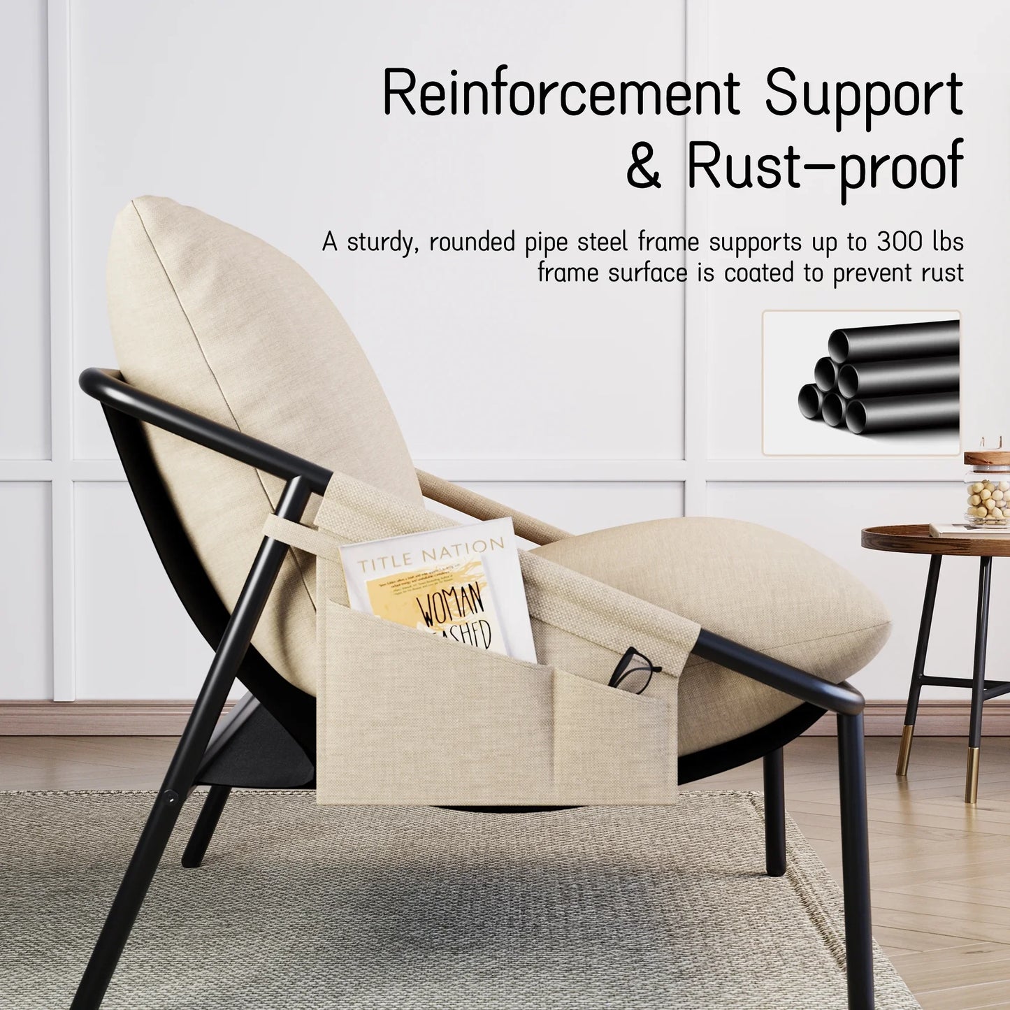 Sling Accent Chair, Modern Comfy Metal Framed Armchair with Side Pockets, Mid-Century Lounge Chair for Living Room Bedroom Reception Room - Beige