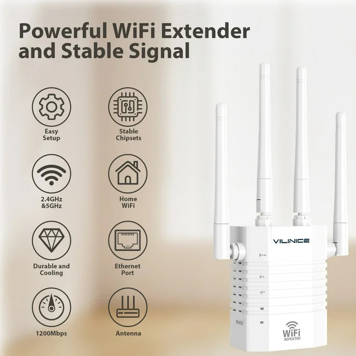 VILINICE WiFi Extender, Dual Band Wi Fi Mesh Extender up to 1200Mbps, Coverage up to 8800 Sq Ft, 1 Pack