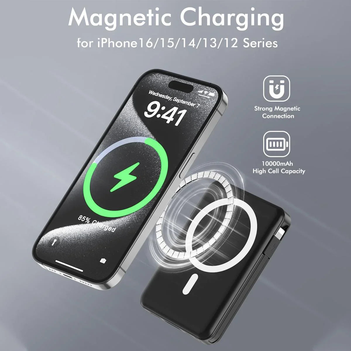 Podoru Wireless Portable Charger, 10000mAh Magnetic Power Bank Built-in USB C Lighting Cables 22.5W PD Fast Charging LED Display Battery Pack for for iPhone 16 15 14 13 12 Black