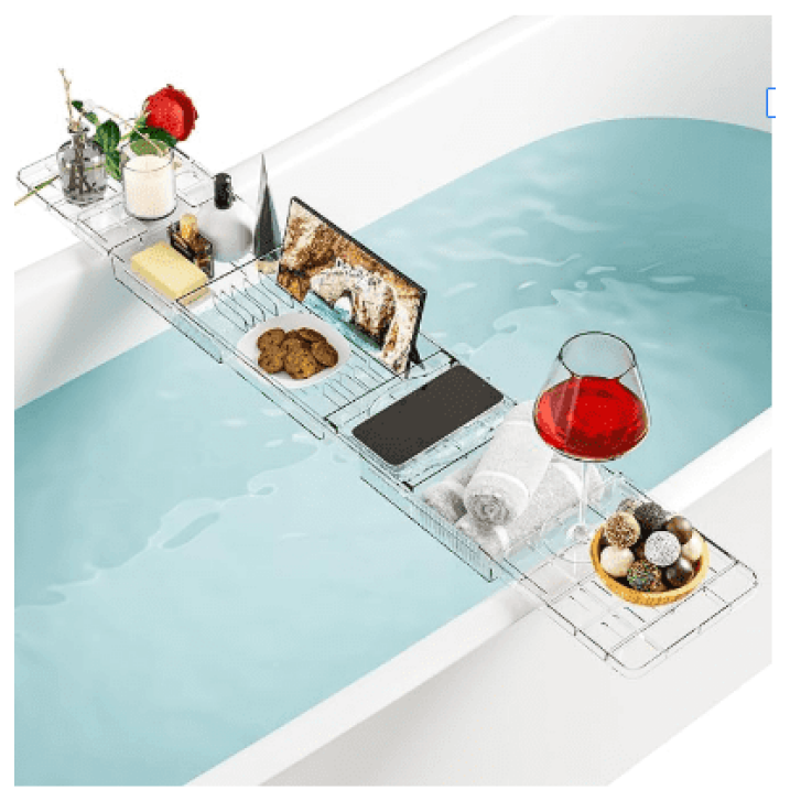 Bathtub Caddy Tray, Adjustable Bath Tray for Tub, Clear Tub Caddy Tray with Tablet PC Holder Wine Glass Holder, Tub Caddy for Bathroom Luxury Spa, Fits Most Tubs (Clear ABS)