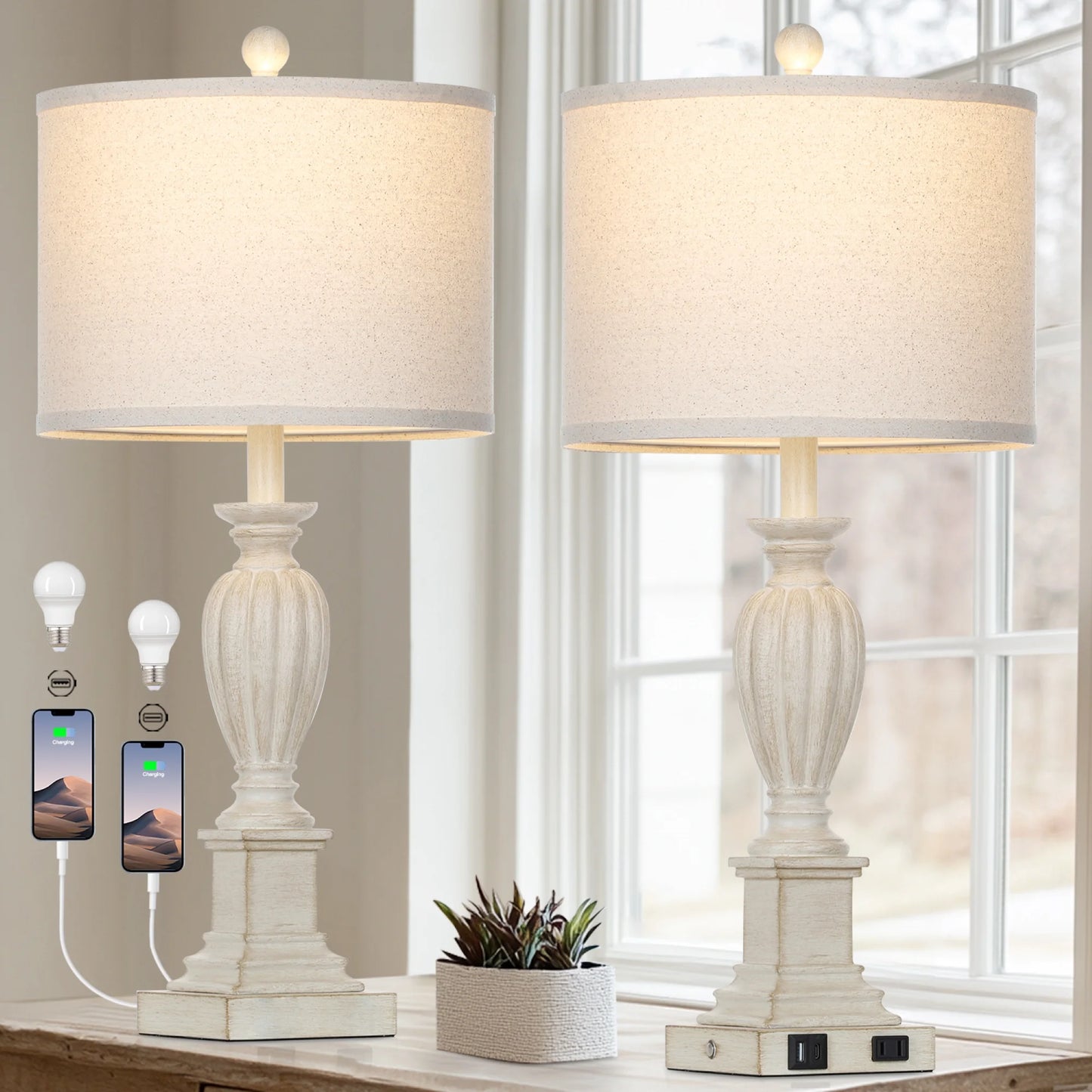 Cinkeda 3 Way Dimmable Table Lamp Set of 2 with USB A C Ports AC Outlet for Bedroom Living Room 27 Touch Control Farmhouse Resin Bedside Nightstand Lamps