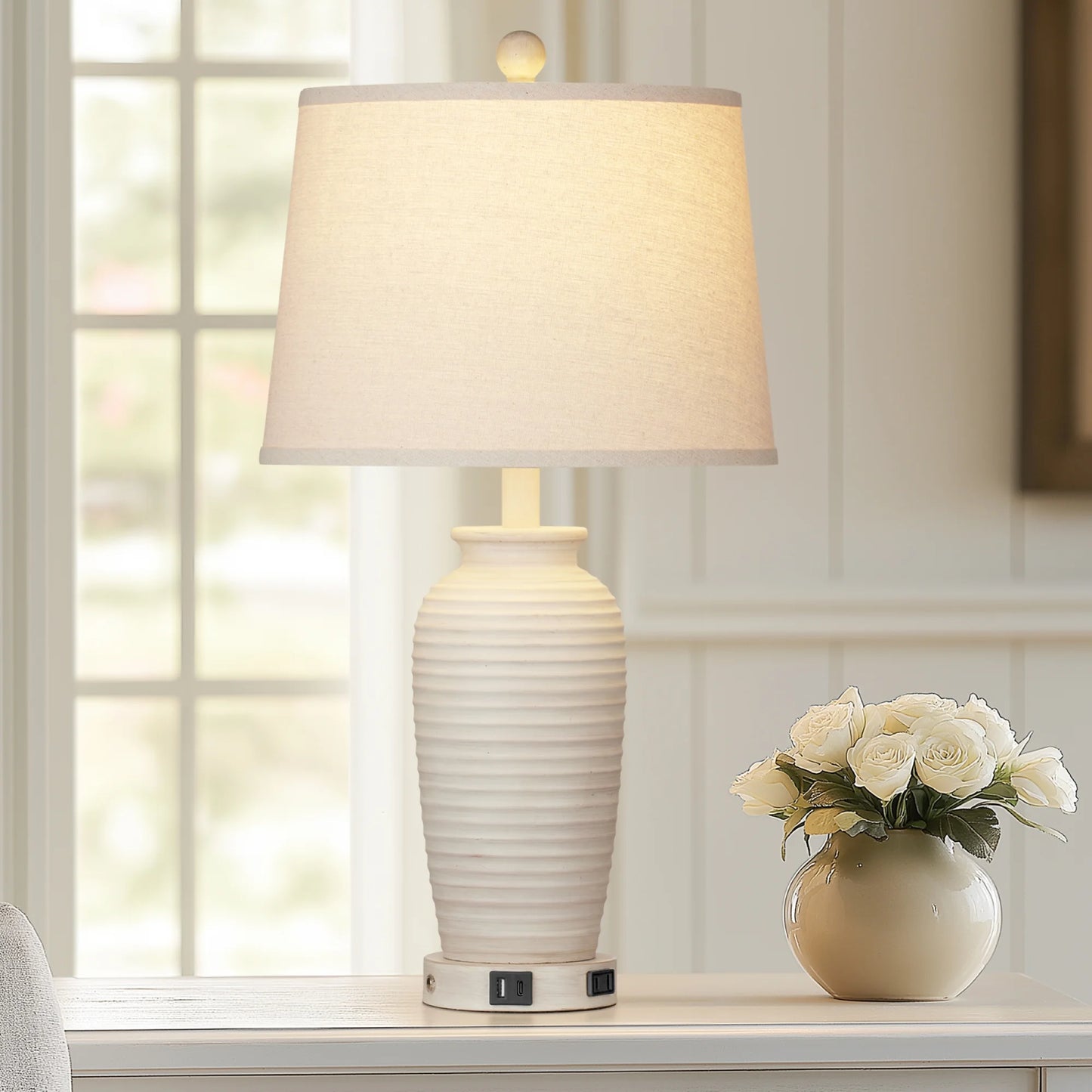Cinkeda 24 Touch Control Single Table Lamp with USB Type C Ports AC Outlet Farmhouse White Resin Jar 3 Way Dimmable Nightstand Bedside Lamp for Living Room Bedroom