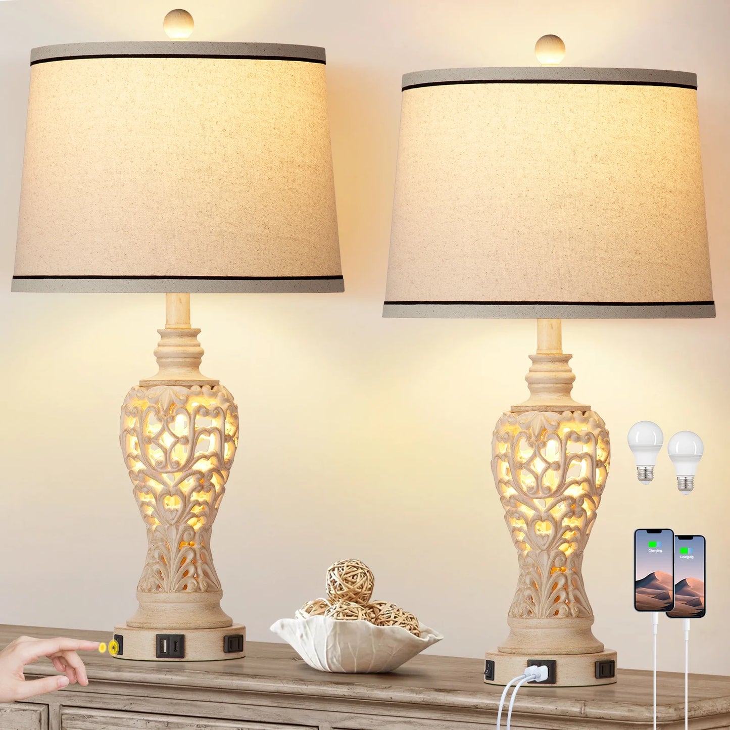 Cinkeda Farmhouse Table Lamp Set of 2 with USB A C Ports AC Outlet Nightlight Vintage Floral Resin Bedside Nightstand Lamps for Living Room Bedroom