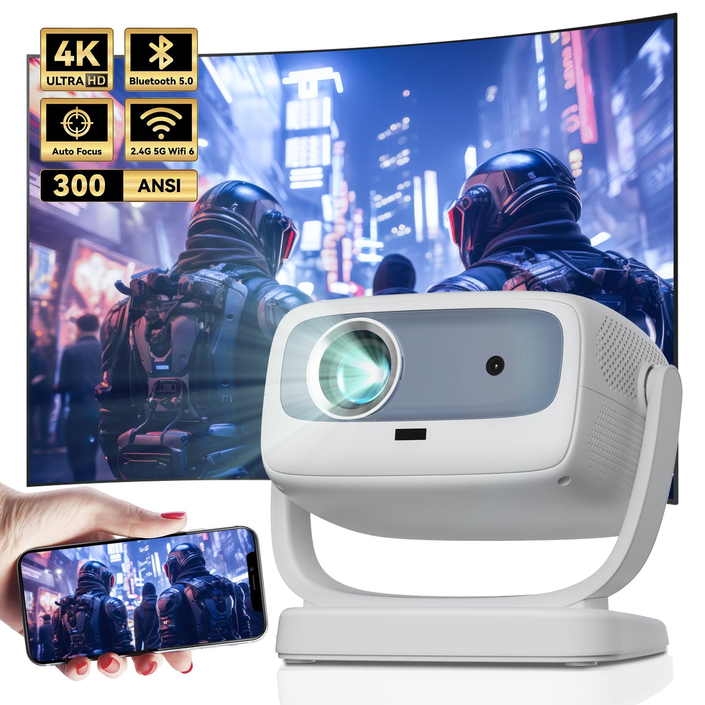 Fulencu Projector 4K Support Native 1080P, Auto Focus and Keystone Correction Smart Projector, Outdoor Portable Movie Projector Compatible with iOS/Android/PC/TV Stick/HDMI/USB