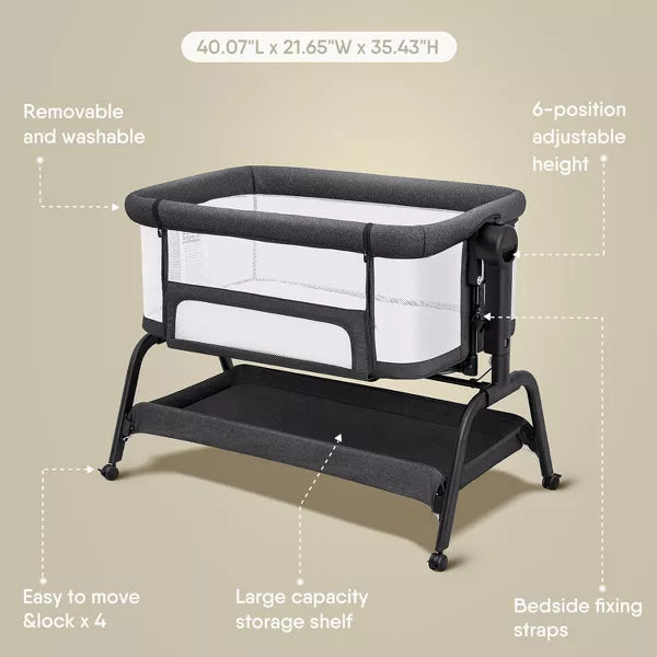 BabyBond Rocking Baby Bassinet, 3-in-1 Bedside Crib with Comfy Mattress, Wheels and 6 Height Adjustments, Portable Bedside Sleeper for Infants, Black