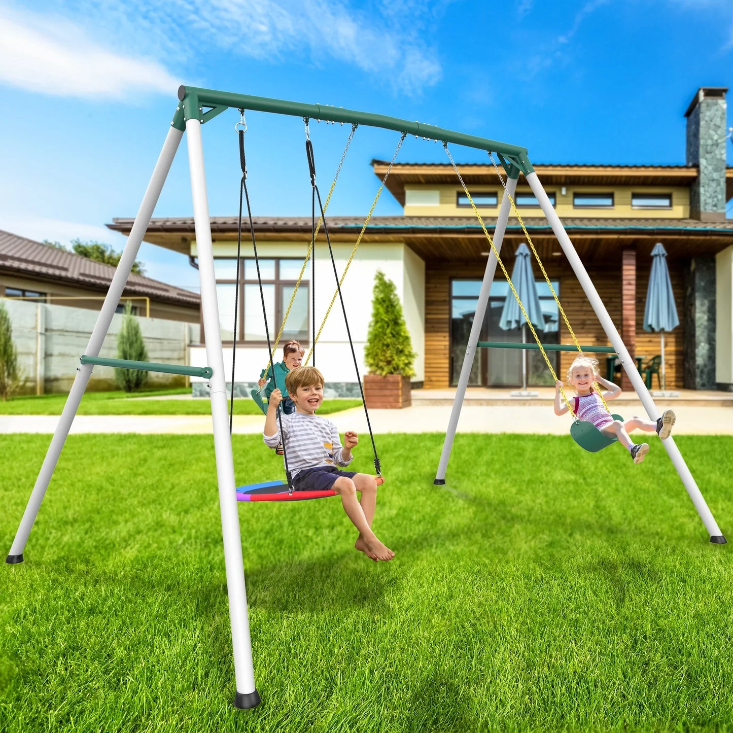 KloKick 9.5 Heavy Duty Swing Set for Kids Adults Includes Saucer Swing 2 Belt Swings, Outdoor Playground Equipment for Backyard Fun