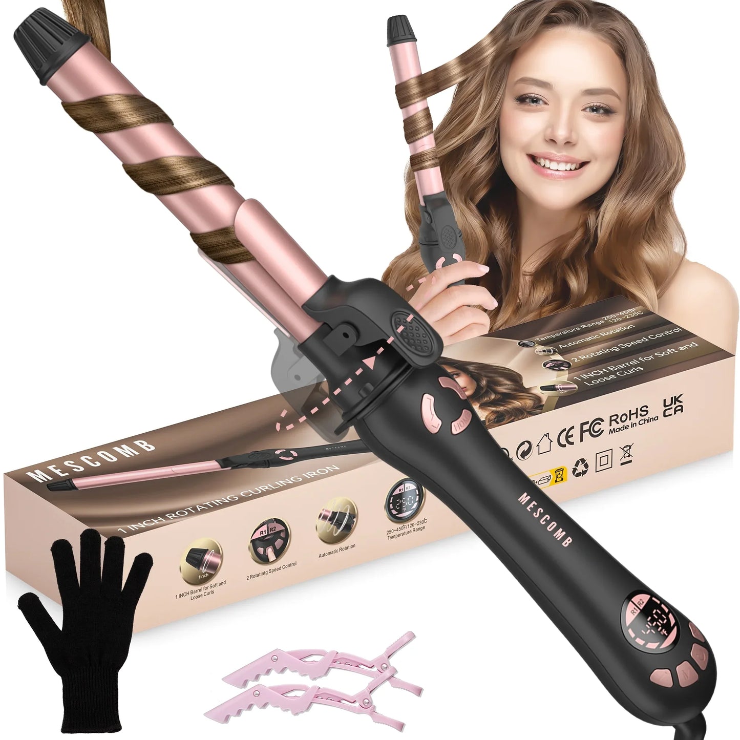 RACCOMB 1" Automatic Rotating Curling Iron, 230 to 450, 1H Auto Off, Dual Voltage, for Waves, Beach Curls