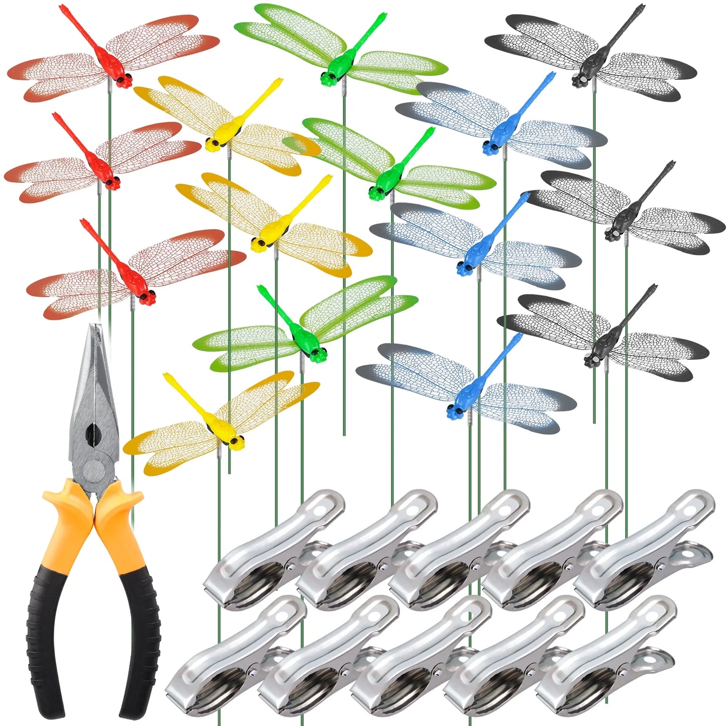 NiHome 15PCS Decorative Dragonfly Clips Decor for Garden, 9.8 Long Multicolor Waterproof Outdoor & Indoor Use, Versatile Clip-On Plant Decoration & Fly Deterrent, Includes Pliers for Easy Attachment