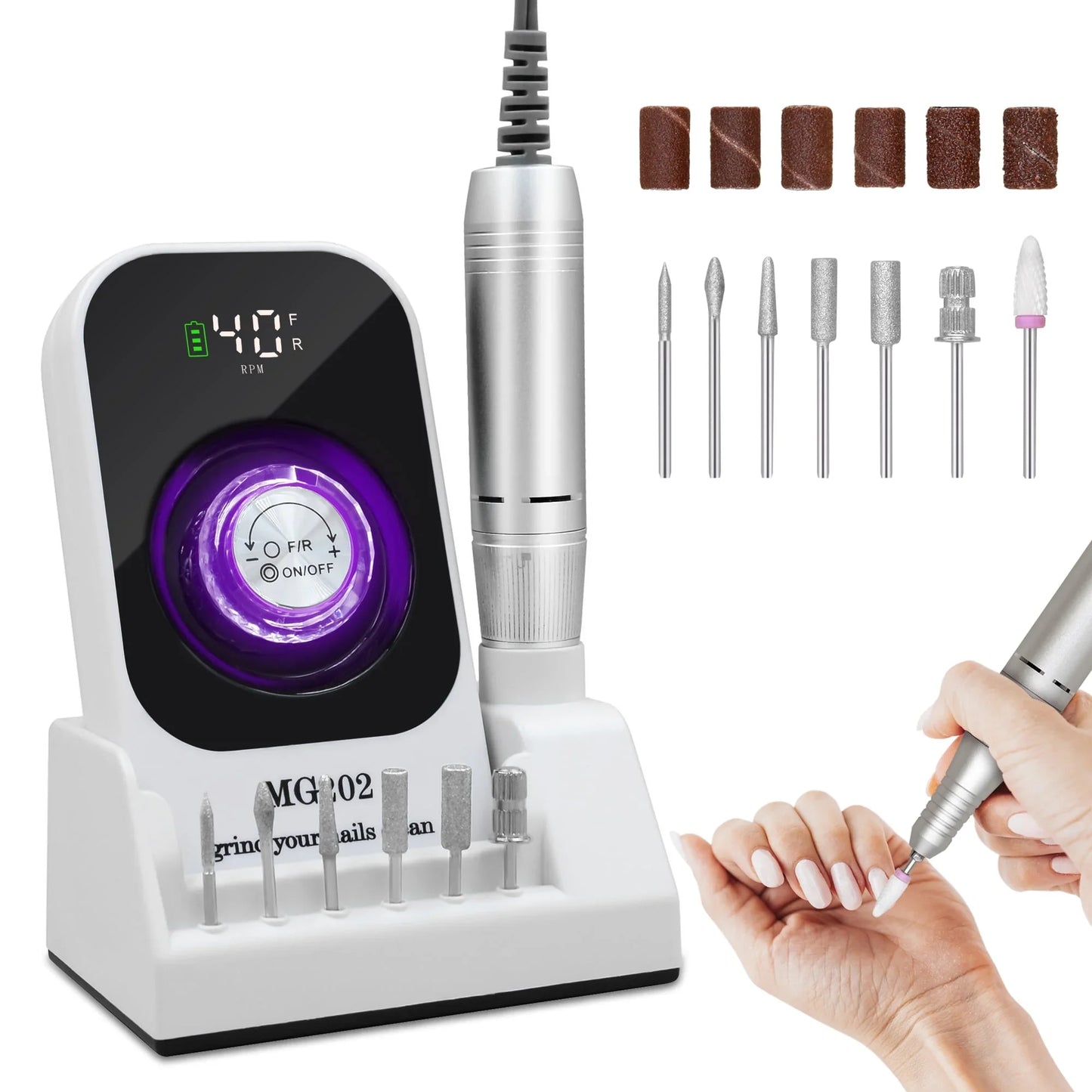 Sentryse Electric Nail Drill 40000RPM Professional Electric File Rechargeable Nail Drill Machine with LCD Display Base 7 Bits for Salon Manicures