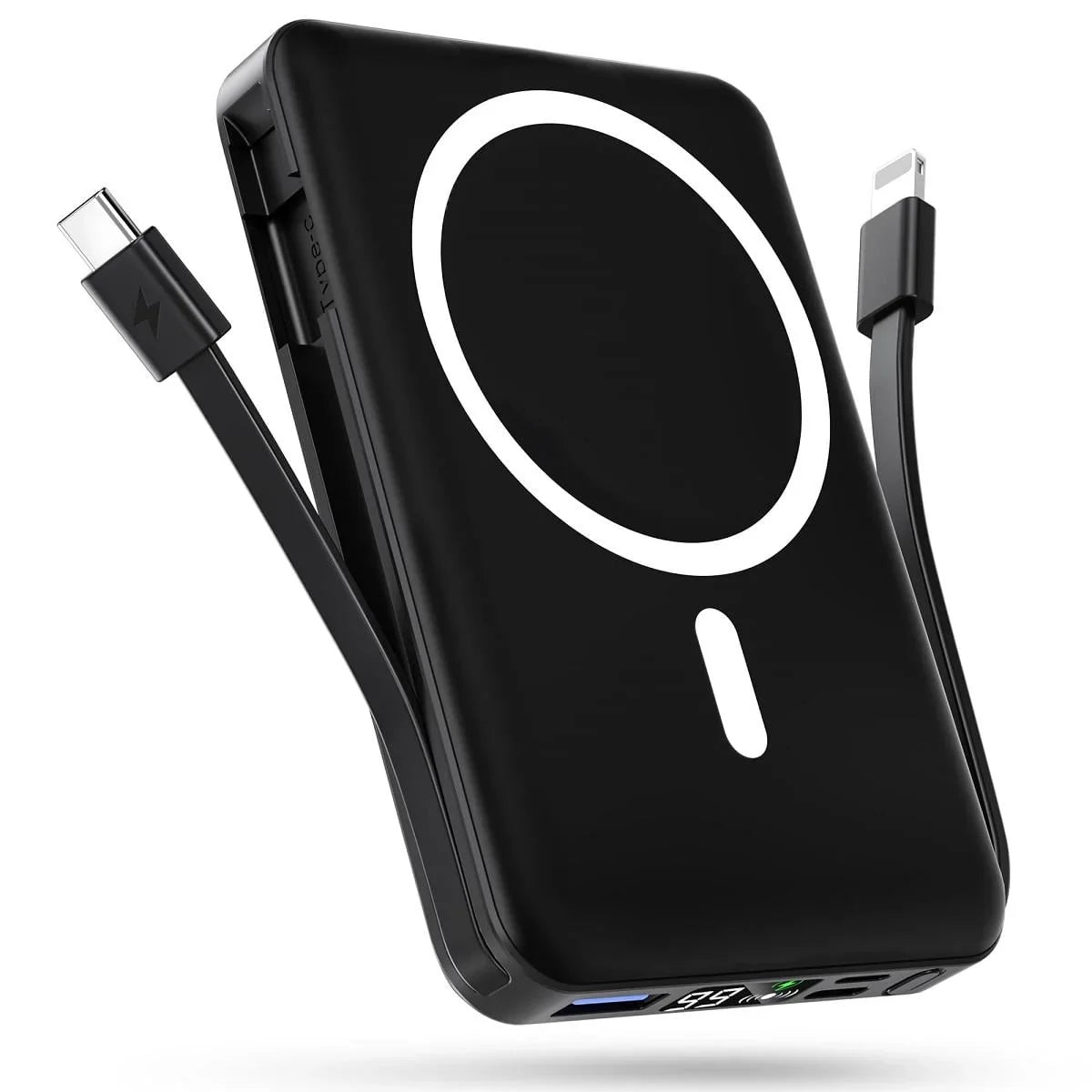 Podoru Wireless Portable Charger, 10000mAh Magnetic Power Bank Built-in USB C Lighting Cables 22.5W PD Fast Charging LED Display Battery Pack for for iPhone 16 15 14 13 12 Black