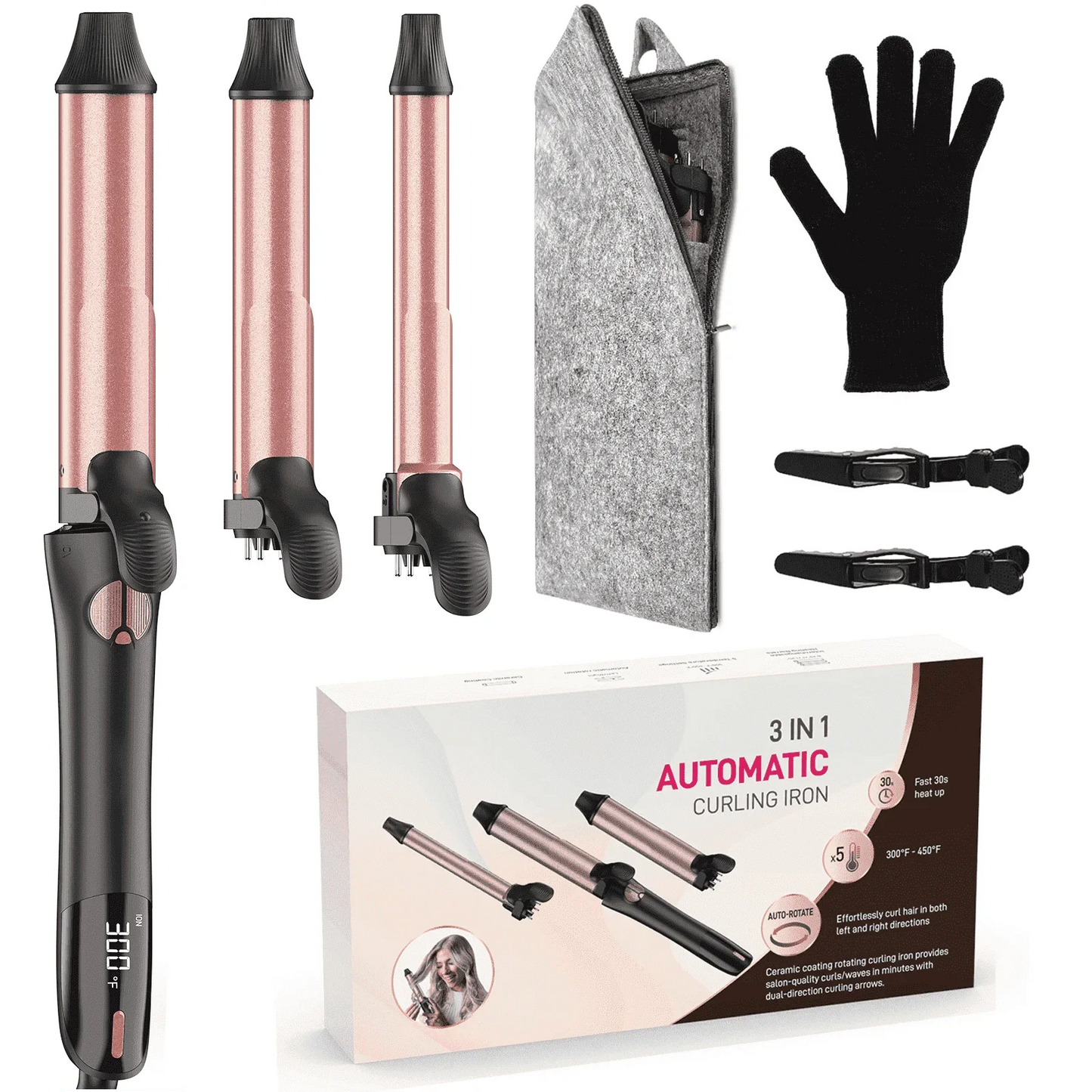 RACCOMB 0.75" 1" 1.25" Rotating Curling Iron, Professional Ceramic Automatic Curling Iron for Hair, 300 to 450, 100-240V, for Waves, Beach Curls