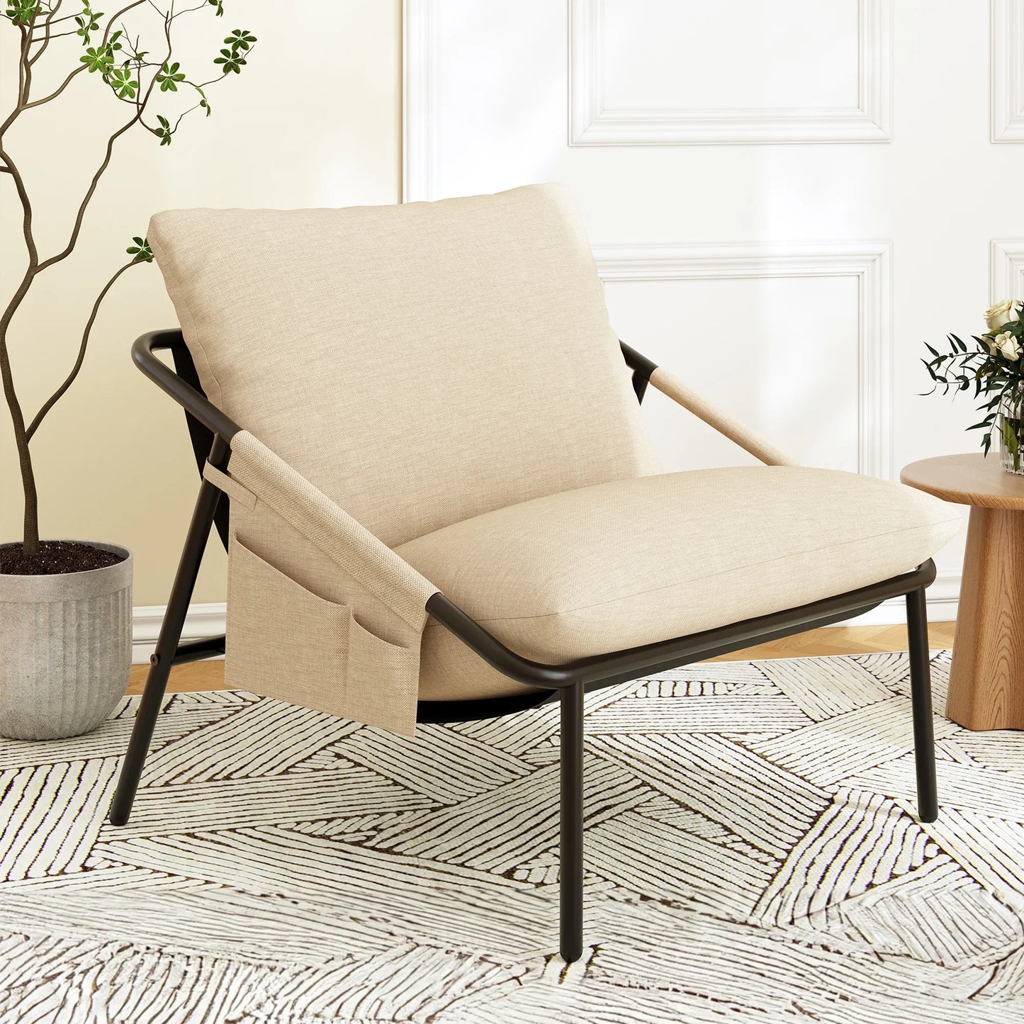 Sling Accent Chair, Modern Comfy Metal Framed Armchair with Side Pockets, Mid-Century Lounge Chair for Living Room Bedroom Reception Room - Beige