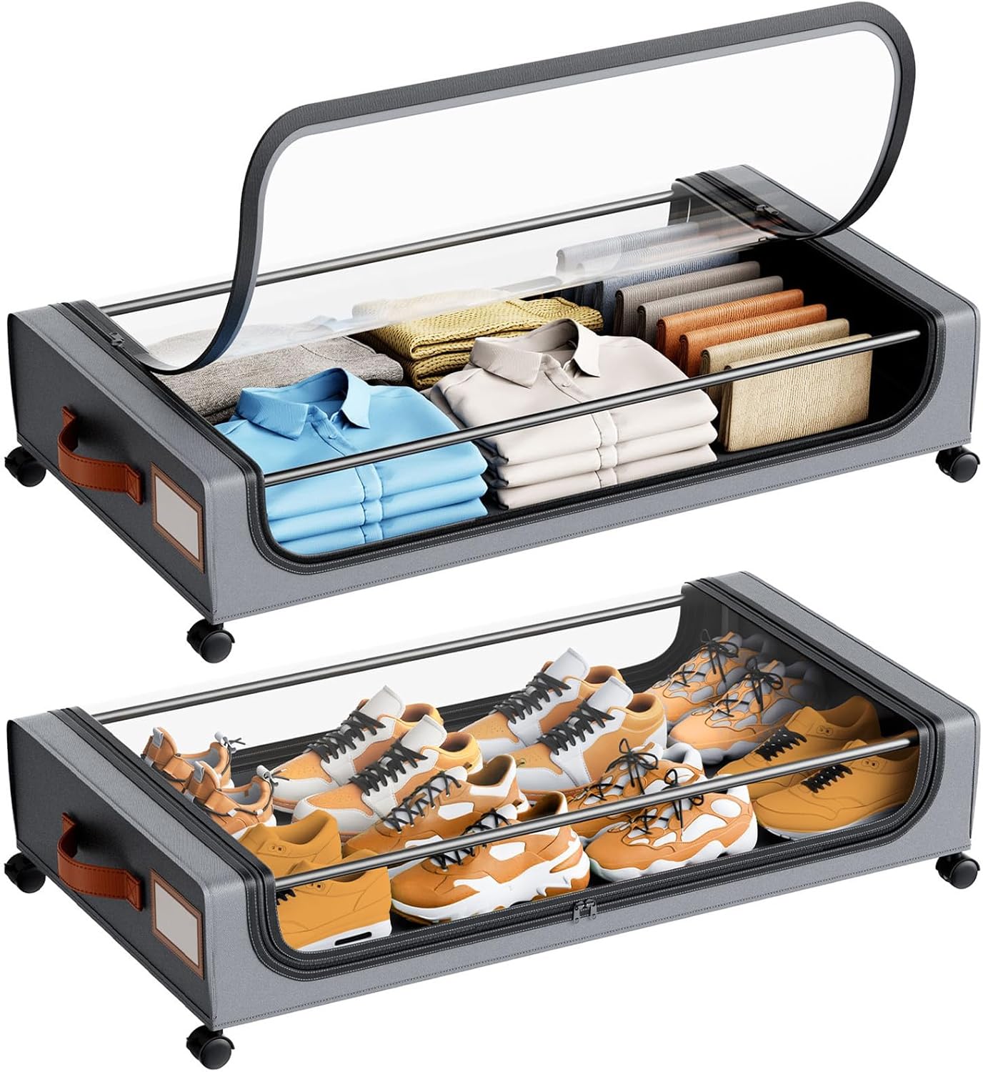 Under Bed Storage with Wheels, Underbed Storage Containers with Lids, Rolling Drawers for Shoes Clothes in Dorm Bedroom, Gray