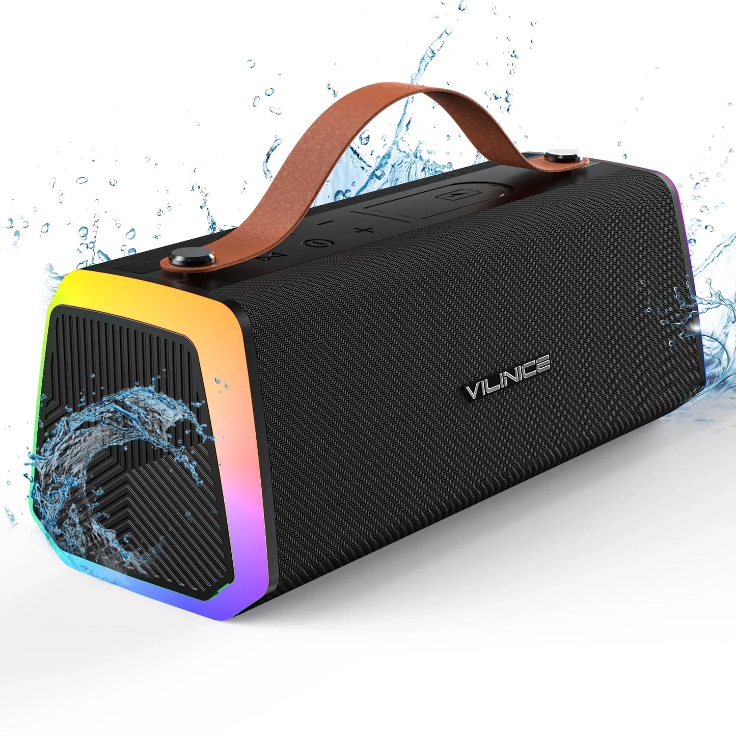 VILINICE Bluetooth Speaker, IPX6 Waterproof Portable Wireless Speaker Outdoor with Handle, RGB Lights, Dual Drivers for Deep Bass Stereo Sound
