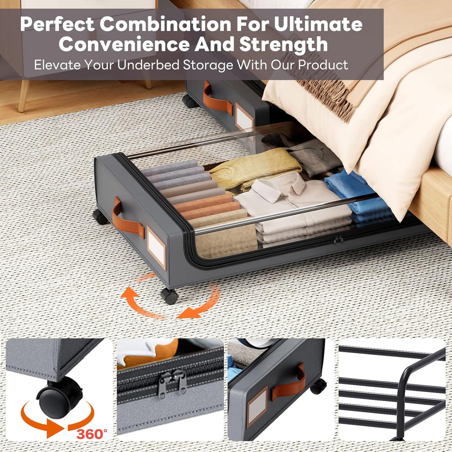 Under Bed Storage with Wheels, Underbed Storage Containers with Lids, Rolling Drawers for Shoes Clothes in Dorm Bedroom, Gray