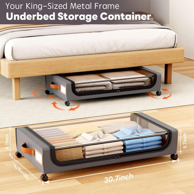 Under Bed Storage with Wheels, Underbed Storage Containers with Lids, Rolling Drawers for Shoes Clothes in Dorm Bedroom, Gray
