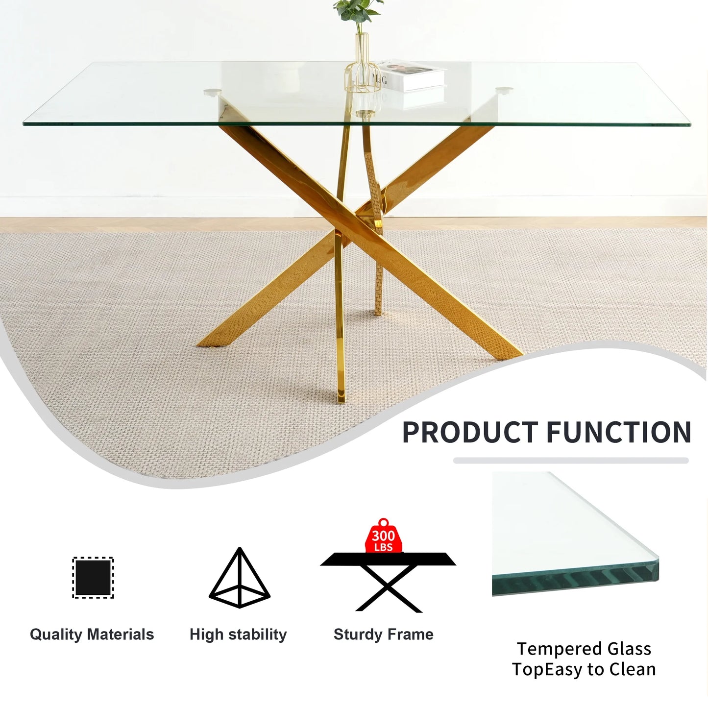 Sumdeal 63 Glass Dining Table Set for 6,Gold Base Dining Room Table with 6 Gold Leg C Shape Chairs