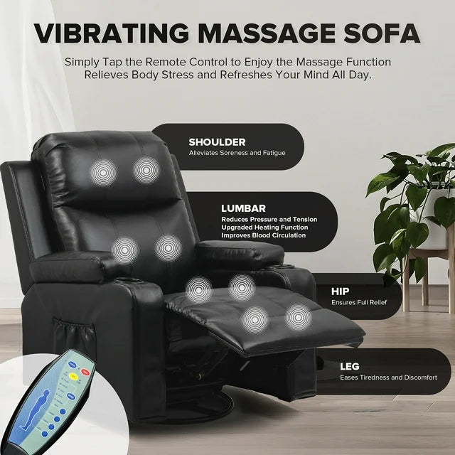 COMHOMA Recliner Chair with Heat and Massage, PU Leather Swivel Rocking Sofa for Living Room, Black