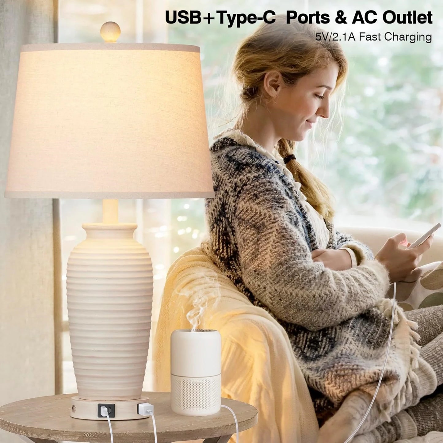 Cinkeda 24 Touch Control Single Table Lamp with USB Type C Ports AC Outlet Farmhouse White Resin Jar 3 Way Dimmable Nightstand Bedside Lamp for Living Room Bedroom