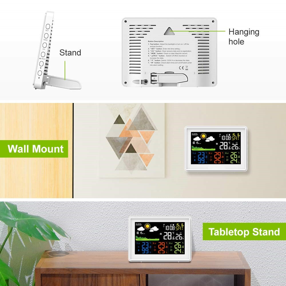 Wireless Color Display Weather Station with Moon Phase, Barometric Pressure, Temperature and Humidity Sensors for Indoors and Outdoors