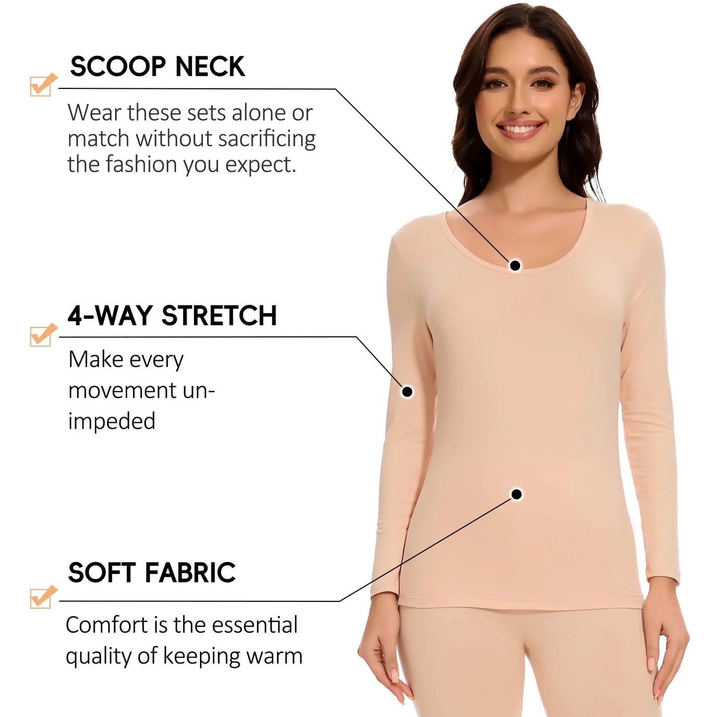 MANIFIQUE Thermal Underwear Set for Women Ultra Thin Long Johns Scoop Neck Base Layer Top Bottom Set