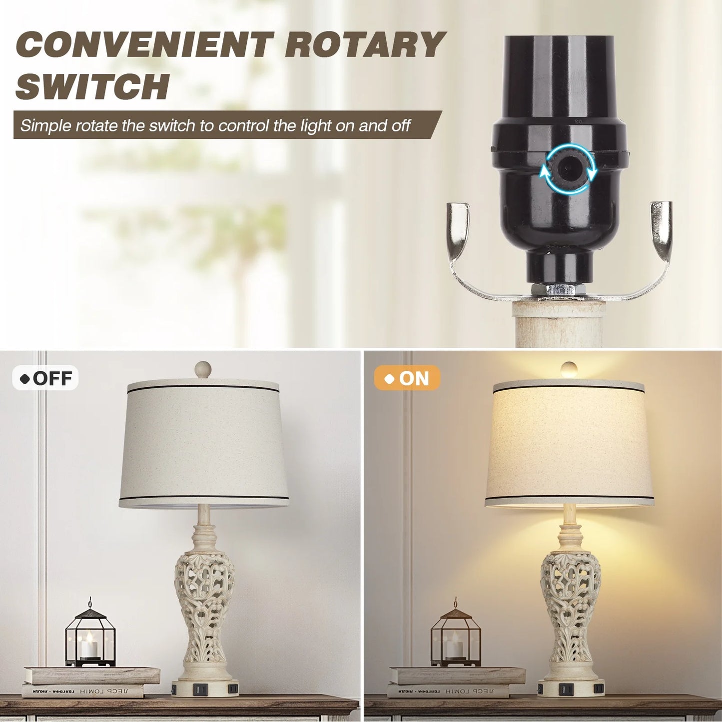 Cinkeda Farmhouse Table Lamp Set of 2 with USB A C Ports AC Outlet Nightlight Vintage Floral Resin Bedside Nightstand Lamps for Living Room Bedroom