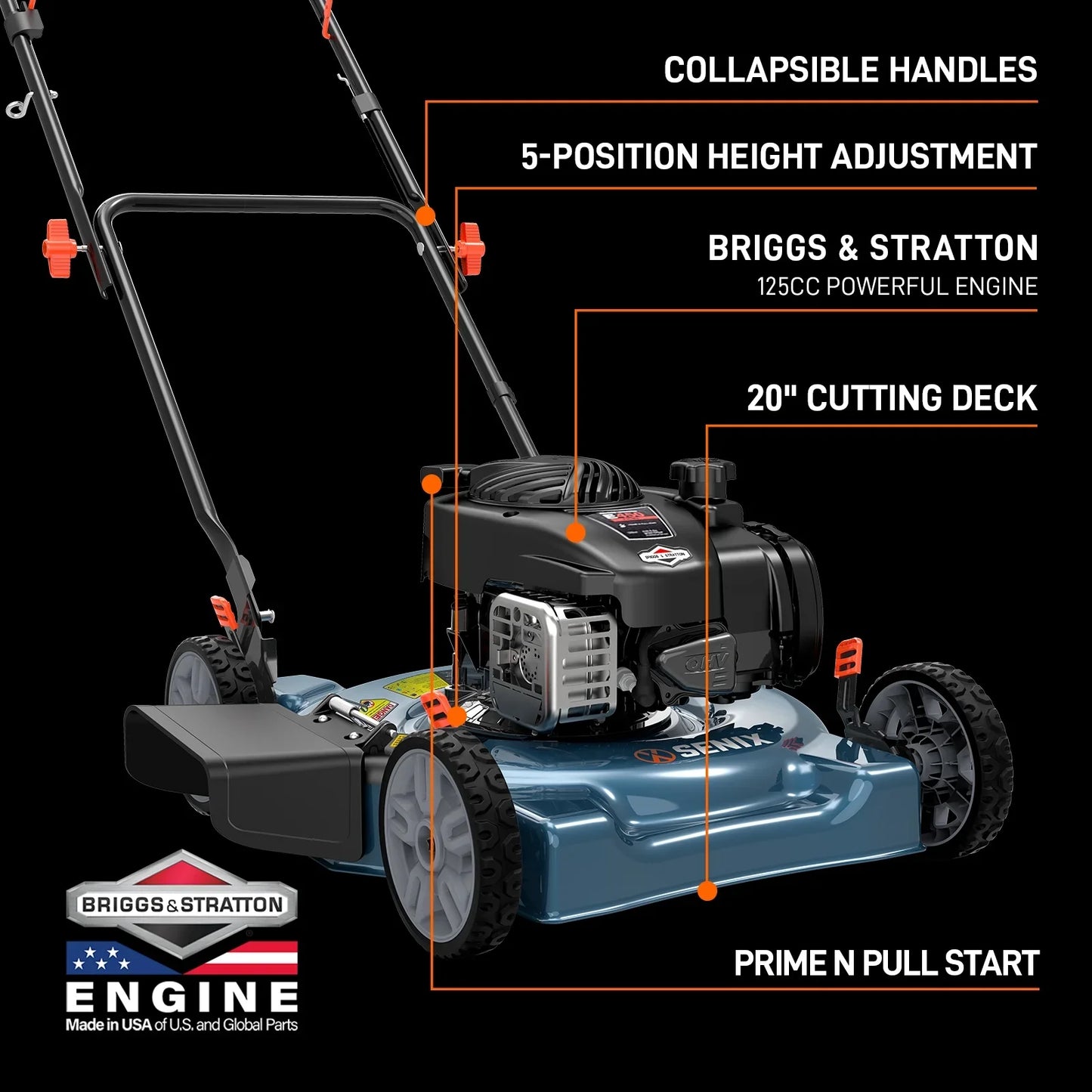 SENIX 20-Inch Gas Lawn Mower, 125 cc 4-Cycle Briggs & Stratton Engine, Push Lawnmower with Side Discharge, 5-Position Height Adjustment, LSPG-L3