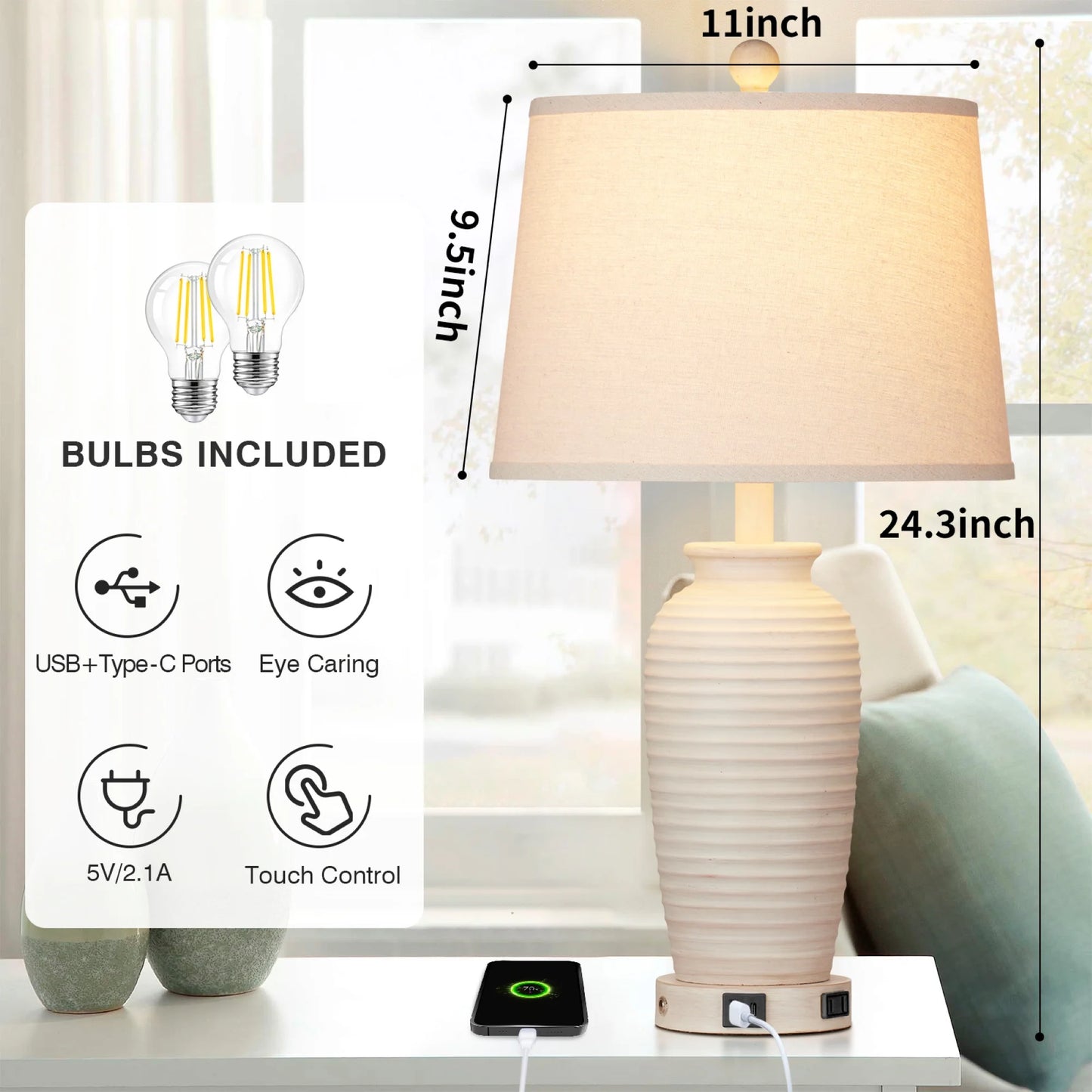 Cinkeda 24 Touch Control Single Table Lamp with USB Type C Ports AC Outlet Farmhouse White Resin Jar 3 Way Dimmable Nightstand Bedside Lamp for Living Room Bedroom