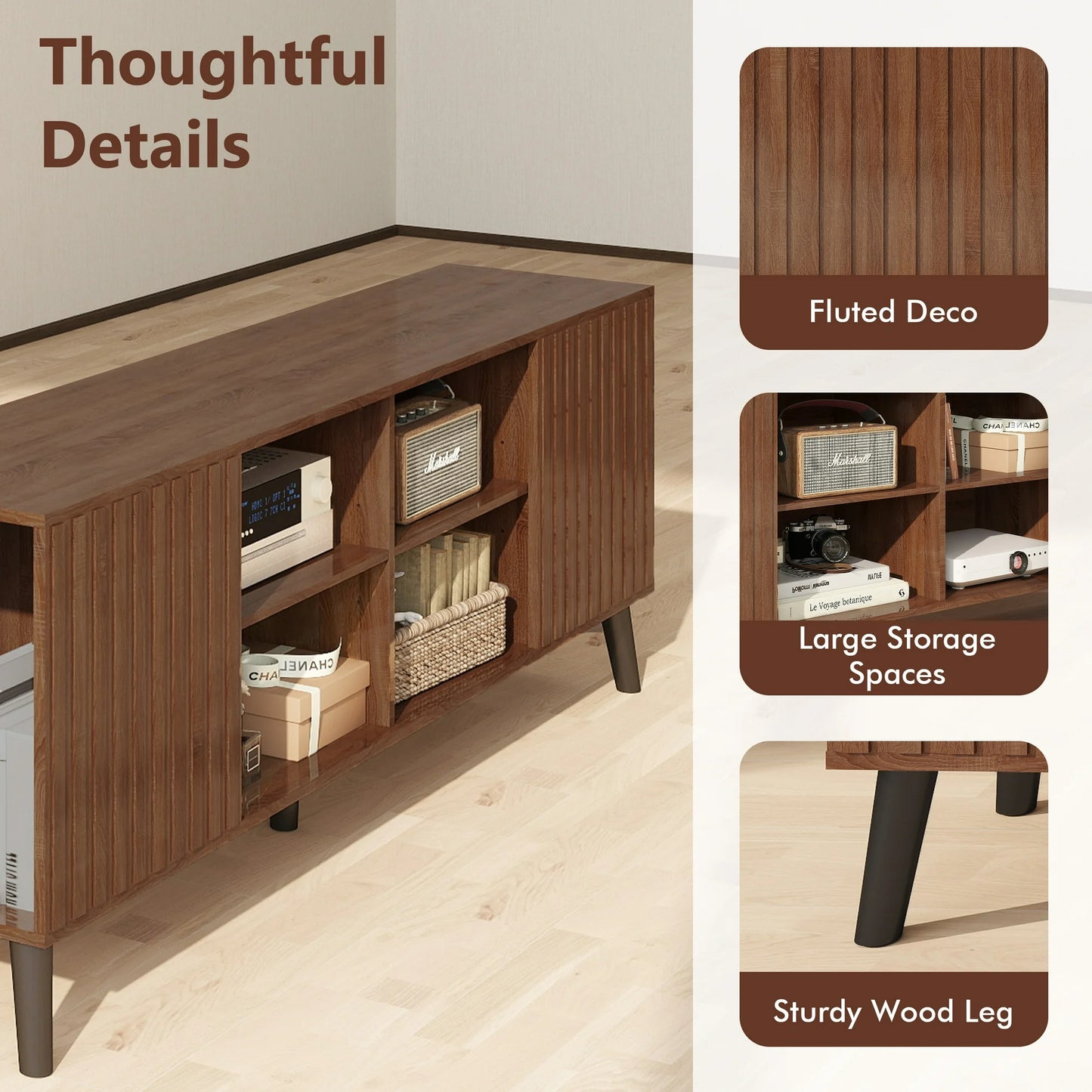Anrist Mid-Century Modern TV Stand, Home Media Entertainment Center for up to 85in TV Console Storage Cabinet for Living Room, Walnut