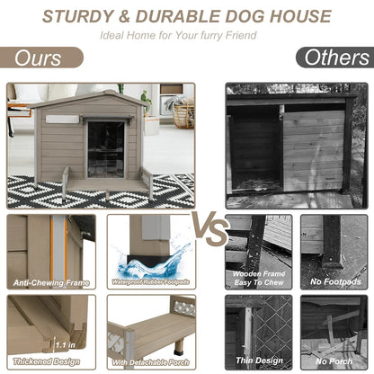 PETSCOSSET Outdoor Dog House, Wooden Dog Kennel with Porch & Window for Medium Dog