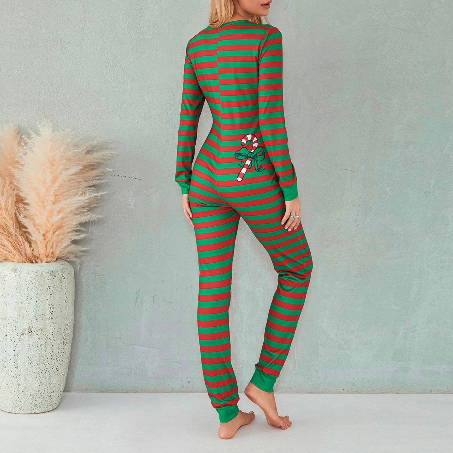 Women Christmas Striped One Piece Pajamas Button Down Bodycon Jumpsuit Long Sleeve Romper Sleepwear Xmas Holiday Pjs Loungewear