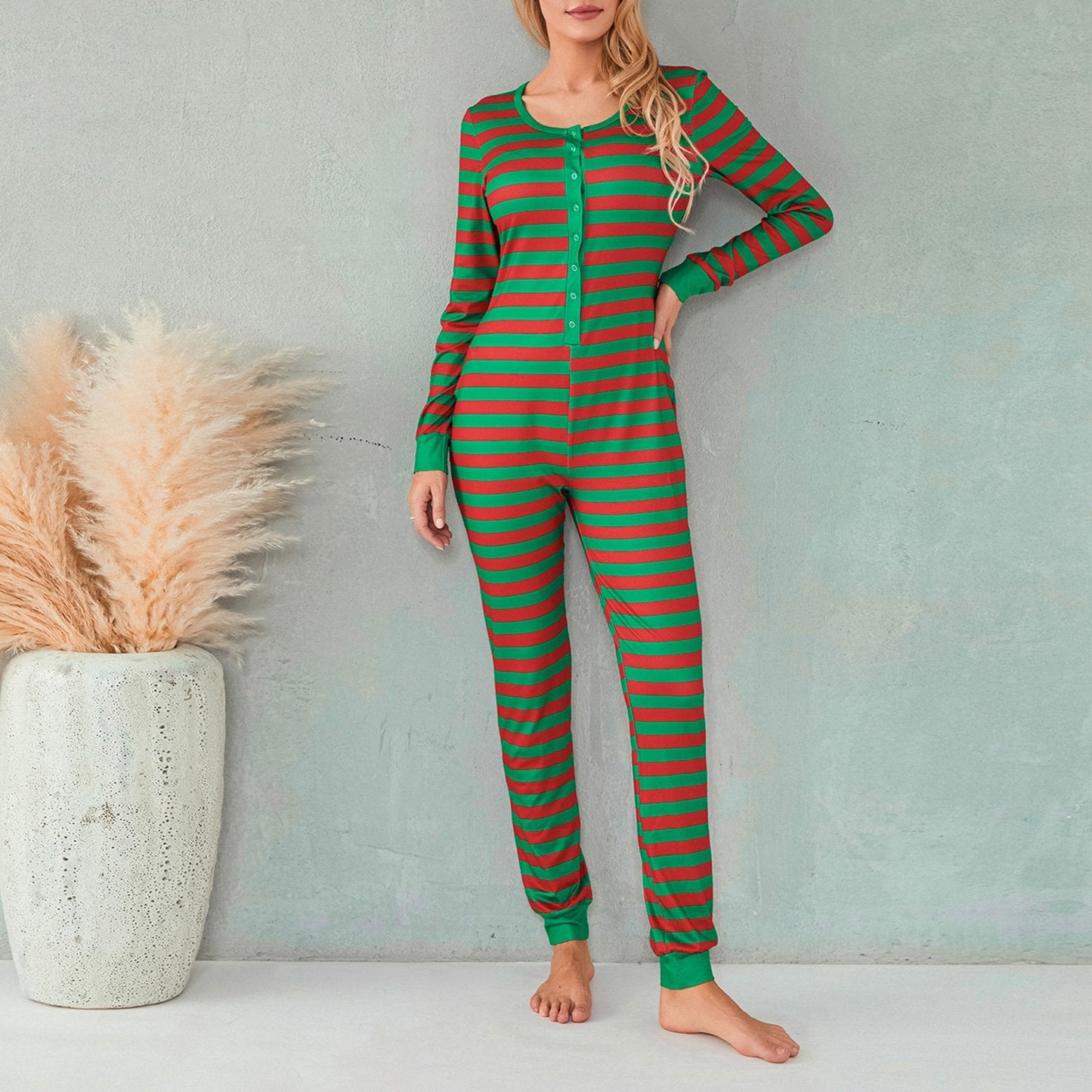 Women Christmas Striped One Piece Pajamas Button Down Bodycon Jumpsuit Long Sleeve Romper Sleepwear Xmas Holiday Pjs Loungewear