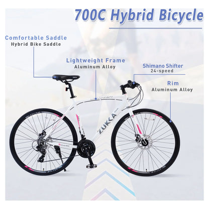 24 Speed Road Bike for Men Women, 700C Aluminum Flat Bar Road Bike with Disc Brakes, White