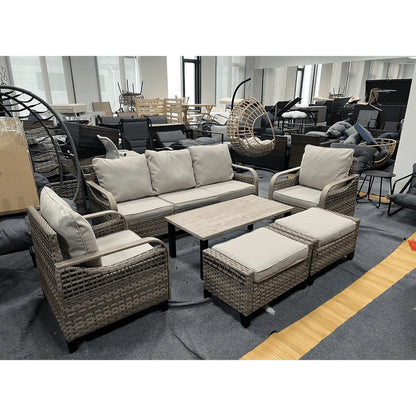 Poteban Outdoor Patio Conversation Sets All Weather Wicker Furniture Set with Coffee Table, Sofa, Swivel Rocking Chair and Ottoman for Pool, Backyard, Garden